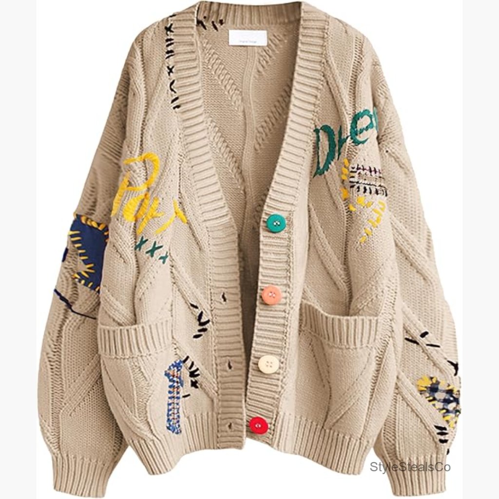 Wool Blend Cardigan V-Neck Open Front Chunky Knit Pockets